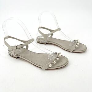 Chanel 37C Gray Quilted Leather Faux Pearl CC Logo Ankle Strap Flat Sandals